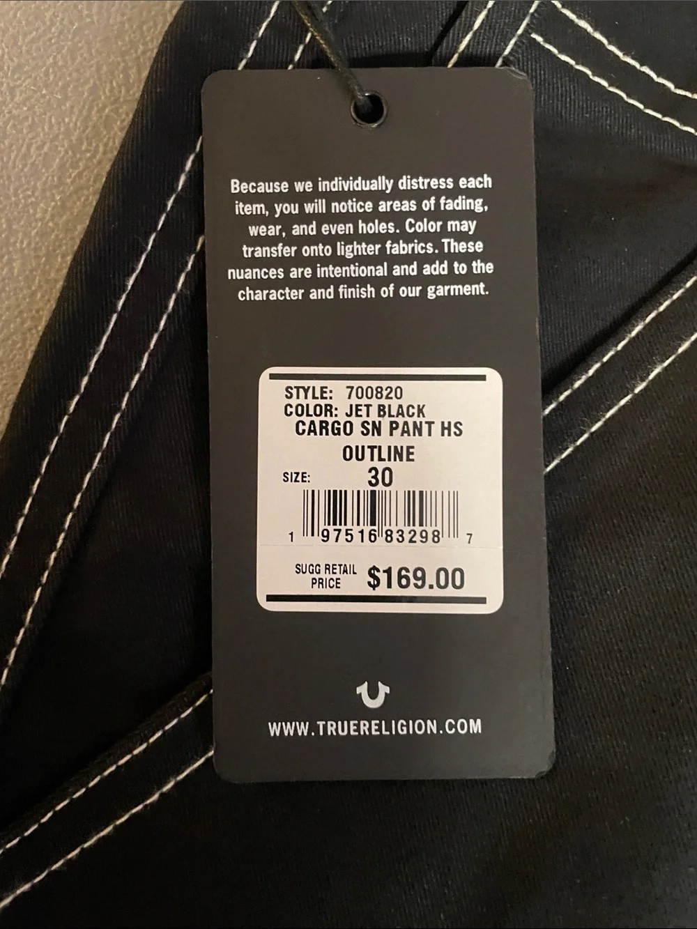 True Religion Black Cargo Pants with White Contrast Stitching